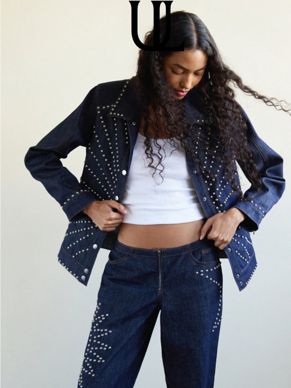 Embellished Dark Blue Denim Jacket - Women's